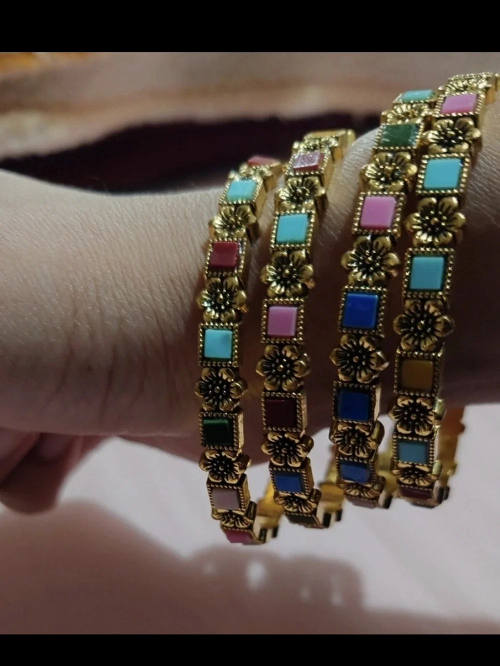 Vintage Style Multicolor Engraved Flower/Square Enamel Inlays Women's Bangles - Picture 3 of 6